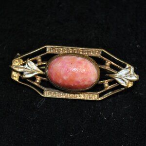 Antique Art Deco Golden Brooch with Pink Mottled Glass Cabochon